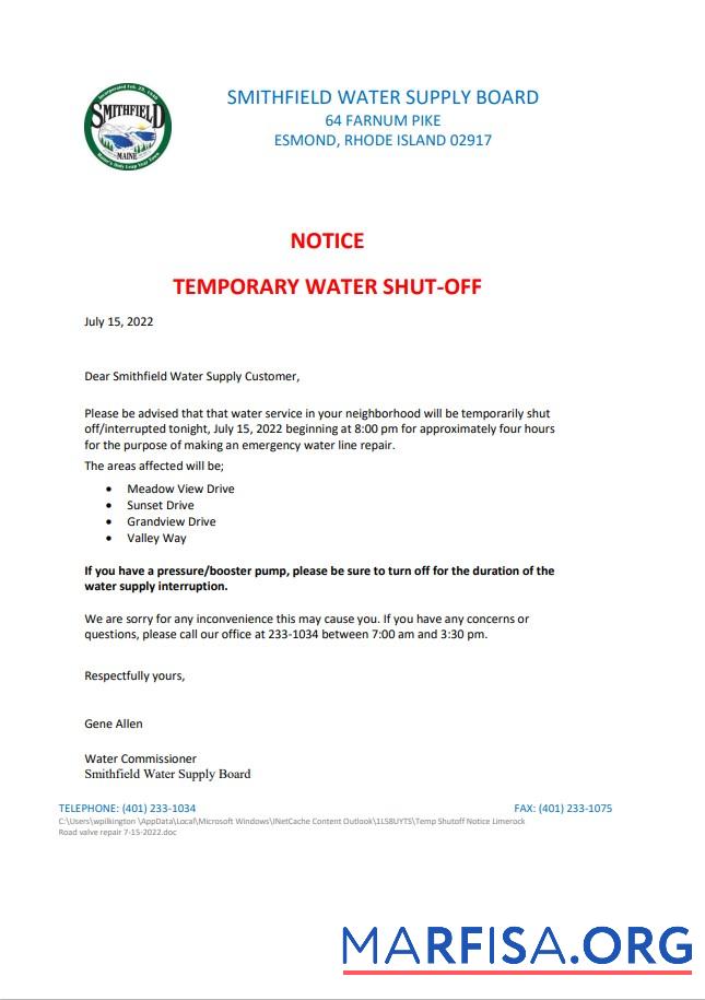Printable USA Rhode Island Smithfield water supply board water shut off notice, Word and PDF template